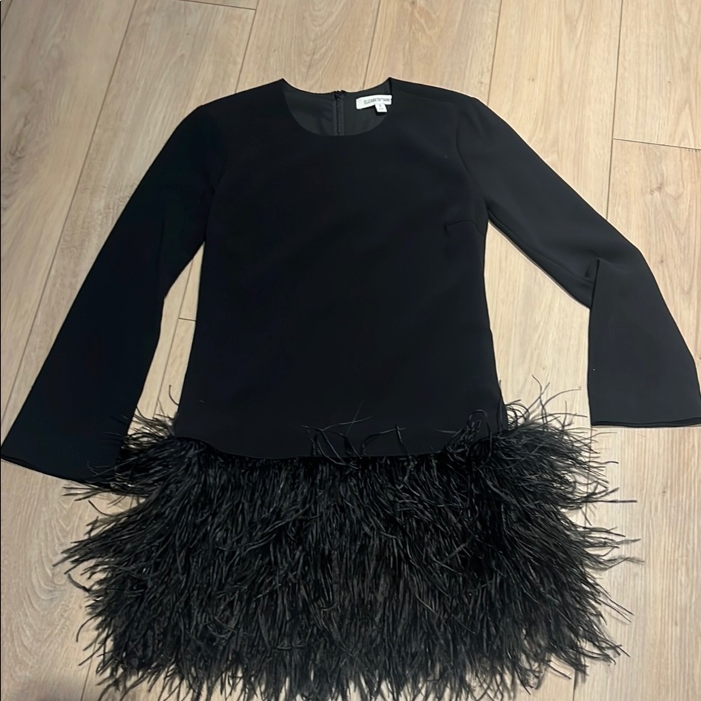 Elizabeth James Black long sleeve dress with drop waisted feathers bottom